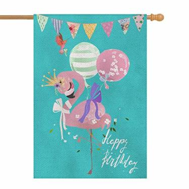Imagem de AOYEGO Feliz Aniversário Bonito Flamingo Casa Bandeira Vertical Dupla Face Serapilheira Rosa Bebê Princesa Coroa Amarrada Arco e Balões Casa de Fazenda Quintal Ao Ar Livre Bandeiras Sazonais Decoração 71 x 102 centímetros