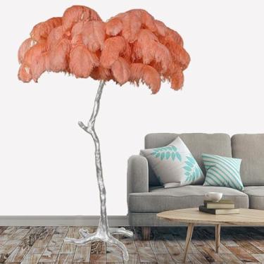 Imagem de Lâmpada de pé moderna, luz de proteção ocular regulável com abajur de penas, corpo e pedal prateados de resina, lâmpada de leitura de penas de chão