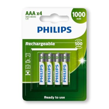 Imagem de Pilha Recarregável Philips Aaa 1000mAh Palito com 4 Unidades Prontas pro Uso RTU