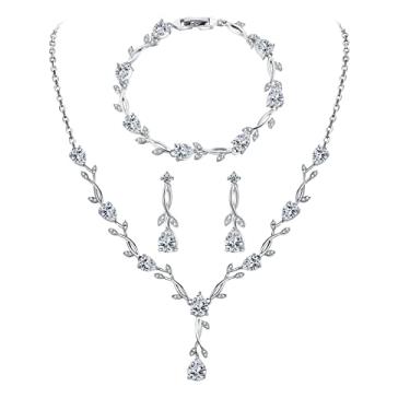 Imagem de Juicfru Conjunto de joias de prata de casamento para mulheres, colar de zircônia cúbica, brincos e pulseiras, para noiva e casamento, bijuteria para dama de honra, Standard, Latão, Strass