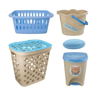 Imagem de Kit 5 Pçs Cesto Roupa Bebê Balde Infanti Lixeira Saboneteira (azul)