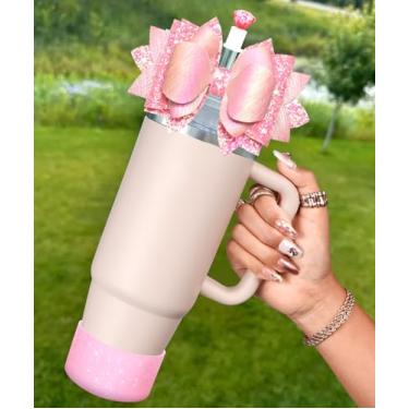 Imagem de Toykee Bota de copo com capa de canudo para Stanley 40 850 g - Topo de palha com laço rosa fofo e tampas de diamante com protetor inferior, conjuntos de 3 peças para acessórios de copo