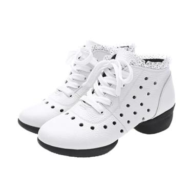 Imagem de ZHENSI Botas femininas de dança de couro Jazz Shoes de salto baixo com cadarço e sola dividida modernas, botas de dança latina, Branco B, 35