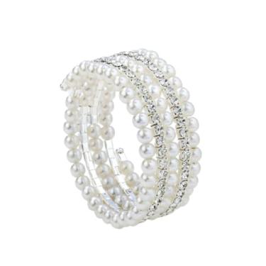 Imagem de KIFEDSLJ Pulseira de imitação de pérola larga de cristal dos anos 20 multicamadas com cristais de pérolas para mulheres, bijuterias de casamento, elastic, imitação de pérola, imitação de pérola