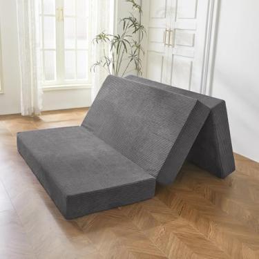 Imagem de BYBYME Colchão dobrável de veludo cotelê, forro de colchão dobrável de gel de 15 cm, tapete de acampamento macio e dobrável para cama de hóspedes, capa lavável (cinza escuro, solteiro)