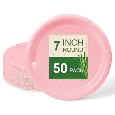 Imagem de LIKAJON 50 peças de pratos de papel rosa claro, pratos de sobremesa descartáveis de 17 cm para dia dos namorados, festa de chá, chá de bebê, aniversário, casamento, formatura, piquenique, churrasco