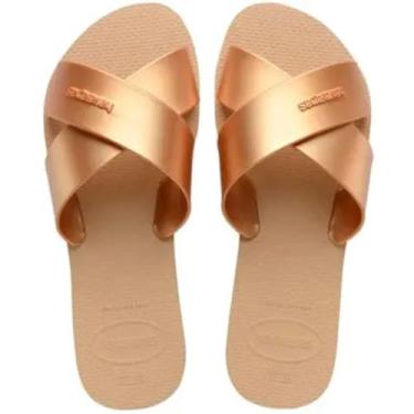 Imagem de Chinelo Rasteira Havaianas Slide Aqua Metallic Feminino Tiras Largas Cruzadas (Dourado, BR, Adulto, Faixa Numérico, M, 33, 34)
