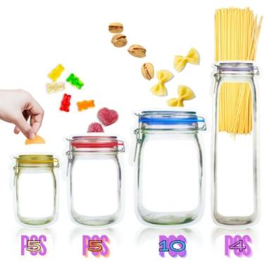 Imagem de 24 unidades de sacos de garrafas Mason, sacos de plástico reutilizáveis, sacos frescos, lanches à prova de vazamento, sacos de armazenamento selados com zíper, sacos de armazenamento à prova de vazamento para viagens, acampamento e crianças