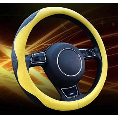 Imagem de acdiac Nova capa de volante de couro esportivo, ajuste universal 15" (38 cm) design estilo onda respirável antiderrapante interior de carro para carro SUV (amarelo e preto)