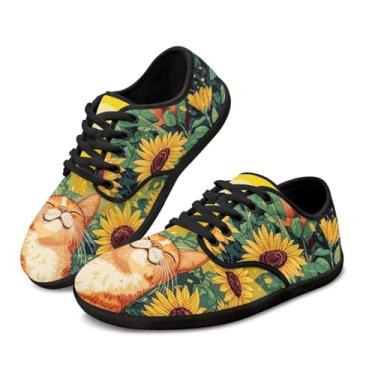 Imagem de GOSTONG Sapatos femininos descalços com cadarço zero sola antiderrapante tênis de caminhada bico largo fitness e cross-training preto tamanho 36-13,5, Gato e girassol, 9.5 Wide