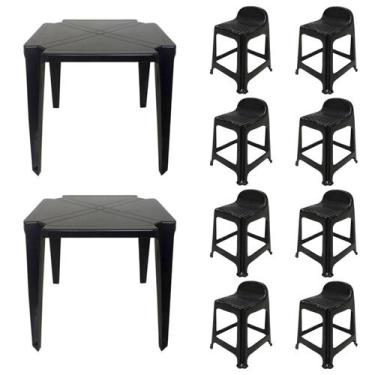 Imagem de 2 Mesas Quadradas Plástico Monobloco 70cm Preta + 8 Banquetas Com Enco