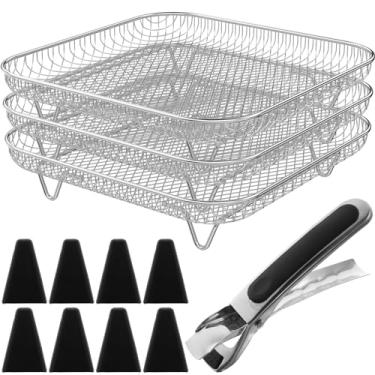 Imagem de Rack de fritadeira a ar de 20 cm, rack de grelha quadrada de 3 camadas de 20 cm, desidratador de aço inoxidável, cesta empilhável para fritadeira a ar com 8 pés de silicone, 1 clipe antiqueimadura,