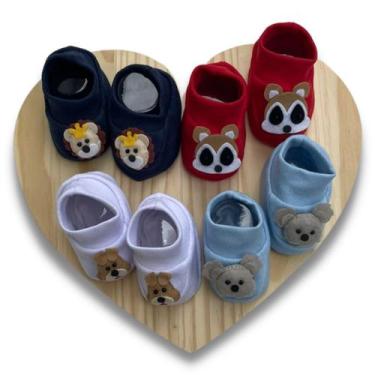 Imagem de Kit 4 Sapatinho 3D Bebê Recem Nascido 100% Algodão Menino Pantufa Meia