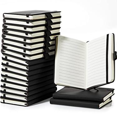 Imagem de Caderno de anotações pequeno de couro, pacote com 20 cadernos pautados A6, capa dura preta, pautado, bloco de notas pautado para faculdade, com suporte para caneta, material escolar para escritório, 8,8 x 14 cm