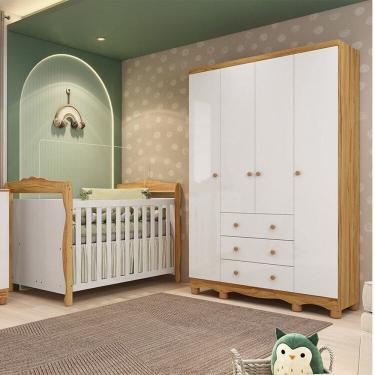 Imagem de Quarto de Bebê com Guarda-roupa 4 Portas e Berço Minicama 100% Mdf Nina Espresso Móveis Branco Brilho/Amêndoa