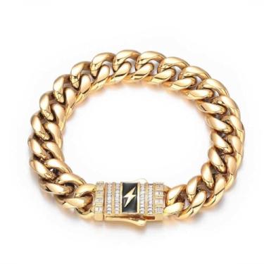 Imagem de Pulseira masculina cubana relâmpago de ouro 18k, pulseira moderna de alta qualidade, adequada para marido, pai e filho, Natal, Ação de Graças, presentes de Natal, Large, Sem Pedra Preciosa