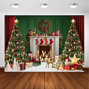 Imagem de Avezano Pano de fundo de lareira de Natal para fotografia retrô parede verde árvore de Natal decorações de presente para suprimentos de festa de Natal, imagens de fundo, banner, estúdio de fotos