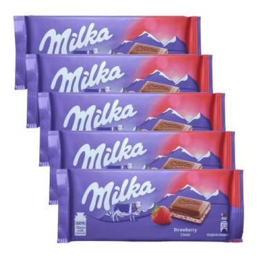 Imagem de 5 barras de chocolate milka ao leite recheio sabor morango