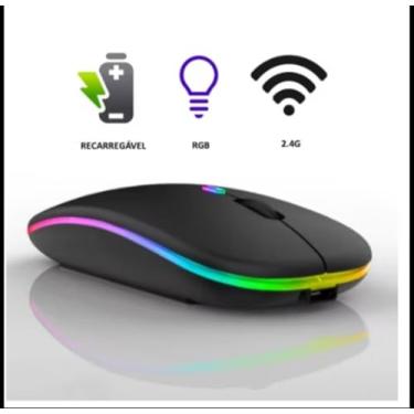 Imagem de Mouse Gamer Sem Fio, RGB LED, 2.4G, Recarregável, 6 Botões, 2400 DPI, Design Ergonômico, Preto