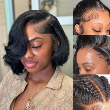 Imagem de UWLK Peruca Bob Lace Front Perucas Pré-Selecionadas Com Cabelo De Bebê 200% Densidade Perucas Bob Curtas Para Mulheres Body Wave Bob Frontal Perucas Naturais Pretas 10 Polegadas