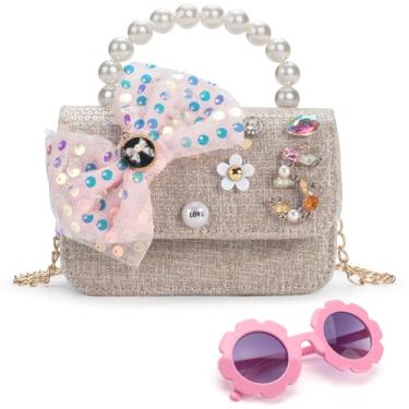 Imagem de LJCTULY Bolsa infantil para meninas com óculos de sol, bolsa transversal infantil com alça de pérola, bolsa pequena para meninas, Bege