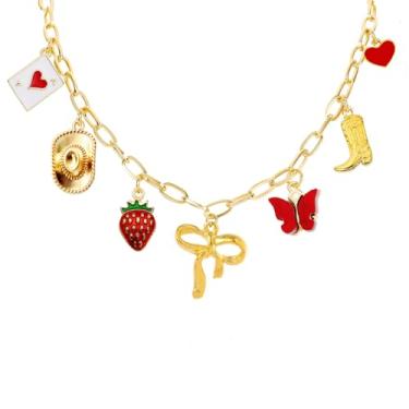 Imagem de GLMOCM Colar de pingente de ouro para mulheres, colar com pingente de laço, coração vermelho, borboleta, morango, pingente acessório, chapéu de caubói, clipe de papel, colar de corrente para mulheres