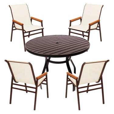 Imagem de Conjunto de Móveis Área Externa, 4 Cadeiras Piscina Tela Sling e Mesa Ripada Redonda Alumínio Nossa Kasa (Bege Claro)