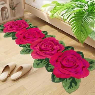 Imagem de USTIDE Tapete macio e felpudo de rosa, tapete feito à mão, tapetes modernos laváveis para sala de estar, lavanderia, corredor e banheiro, vermelho rosa