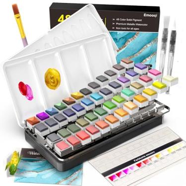 Imagem de Emooqi Conjunto de tinta aquarela, 48 cores, incluindo 6 cores metálicas em caixa portátil, conjunto de aquarela de viagem com papéis e pincéis de aquarela, kits de aquarela para iniciantes e artistas