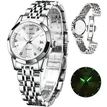 Imagem de OLEVS Relógio feminino analógico de quartzo, mostrador de diamante, relógio de ouro rosa com pulseira de aço inoxidável, vestido moderno, luminoso, à prova d'água, 9921/BB, Round
