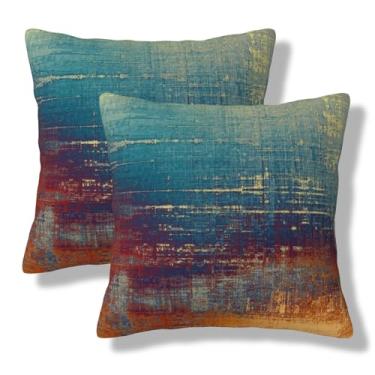 Imagem de LIBIFALL Capas de almofada abstratas azul e laranja 50 x 50 conjunto de 2 capas de almofadas com pintura de ferrugem bagunçada, vintage, quadrada, fronhas decorativas para sofá-cama de casa