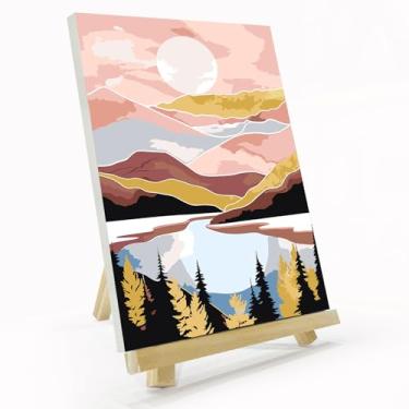 Imagem de JOOZ Kit de pintura de montanha por números para adultos com moldura, pintura do pôr do sol da montanha por número com cavalete, kit de pintura a óleo de paisagem acrílica fácil DIY tela emoldurada