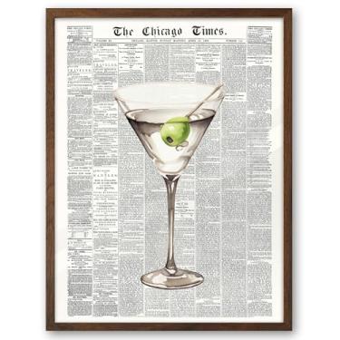 Imagem de EcoHest Arte de parede emoldurada de jornal moderno Martini, 30,5 x 40,6 cm cor nogueira madeira carvalho retrô bar carrinho arte em tela, revista estética apartamento arte, funky 70's conjunto de 1