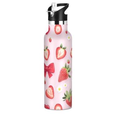 Imagem de Garrafa térmica infantil Strawberry com tampa de palha, copo térmico à prova de vazamento de aço inoxidável garrafa de água rosa morango para esportes e viagens, escola, 590 ml