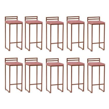 Imagem de Kit 10 Banqueta Alta Com Encosto Petra Balcão Ferro Bronze Suede Rose Gold