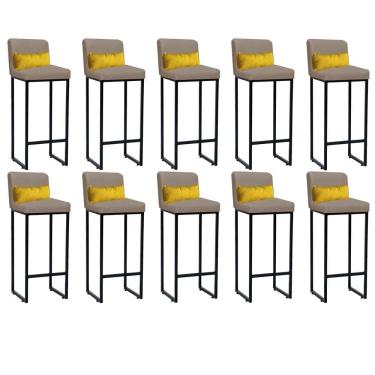 Imagem de Kit 10 Banqueta Alta Com Encosto Balcão Ferro Preto Corino Bege E Almofada Amarelo