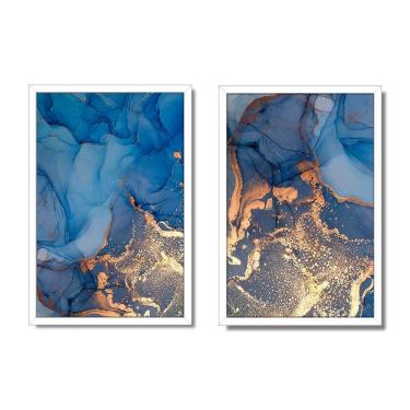 Imagem de Quadro Decorativo Caixa Alta 2 Un 40X60 Mármore Aurora Azul Título Moldura Branca