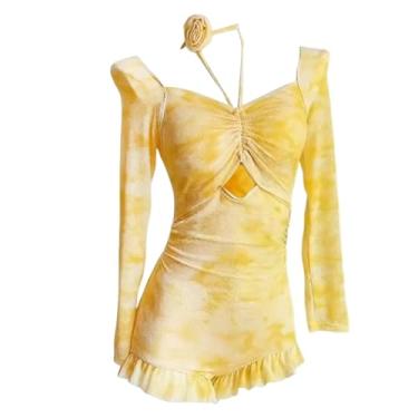 Imagem de YIJU Maiô feminino, traje de banho, moda praia, manga longa, 1 peça, traje de banho para esportes aquáticos, surfe, férias
