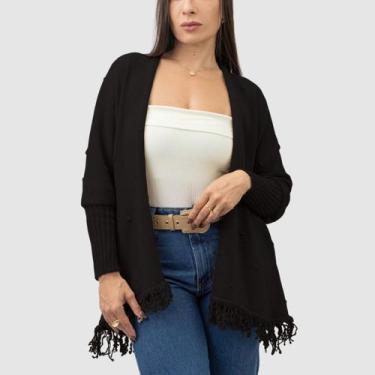 Imagem de Kimono Tricot Pipoca com Franjas Poncho Feminino Inverno Cardigan Aber