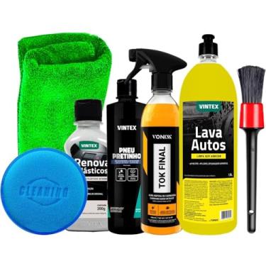 Imagem de Kit Automotivo Lava Autos Vintex 1,5l Pneu Pretinho Renova Plásticos Tok Final Vonixx Pincel Detalhamento Aplicador Toalha Karbox