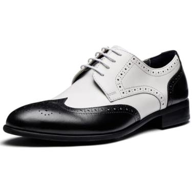 Imagem de Jepsengord Sapato social masculino Wingtip couro bovino genuíno Oxfords com Brogue Formal Business Wedding Derby Shoes, Derby de ponta de asa preto e branco, 45