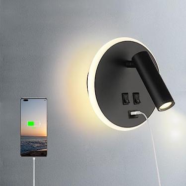 Imagem de AIRTWESD Luminária De Parede Com Porta Carregamento Usb, Preta, Led, Para Cama, Holofote Interno Ajustável, Lâmpada Leitura, Quarto, Cabeceira Interna, 3000K (3W + 9W)