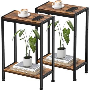 Imagem de Mesa lateral estreita para espaço pequeno, conjunto de 2, mesa de canto pequena de 2 camadas com suporte de prateleira, quarto, escritório, cozinha e varanda (marrom rústico M-LBZ102B1-2