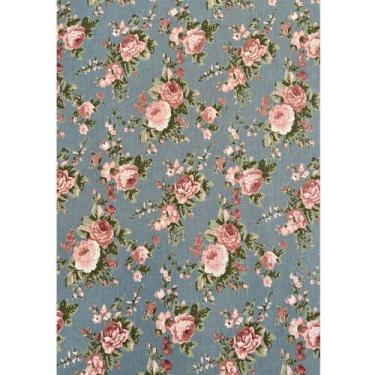 Imagem de Tecido Tricoline Estampado Floral Rosa Fundo Azul - 1,50m de Largura