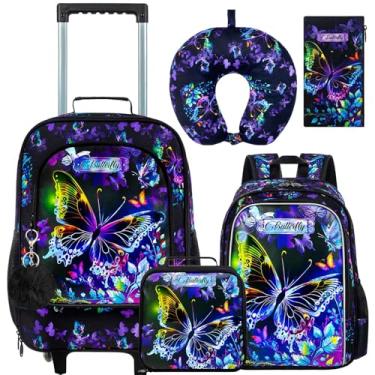 Imagem de HPJGD Conjunto de 5 malas para meninas, bagagem de mão infantil resistente à água, borboleta fofa para crianças do ensino fundamental/pré-escolar