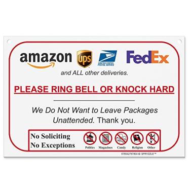 Imagem de Ring Bell or Knock Hard - Não deixe pacotes sem supervisão Instruções de entrega para Amazon UPS FedEx USPS e entregas de alimentos, 6 x 9, PVC à prova d'água e ferrugem - Placa de pendurar por
