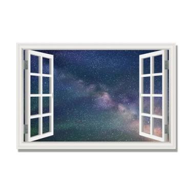 Imagem de Janela de arte de parede com impressão em tela. Visualização de janela falsa. Impressão de imagem natural em tela. Arte de parede para sala de estar (Céu estrelado à noite 07) Moldura interna 40x60cm