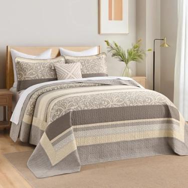 Imagem de QuiltMuse Colcha King extragrande 100% algodão 325 x 304 cm - Colcha King leve Califórnia com 2 fronhas, colcha de cama acolchoada extra larga listrada de videira da fazenda, 3 peças, bege/marrom