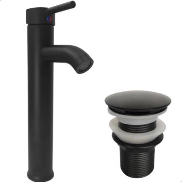 Imagem de Dona D Cor, Torneira Preta Pia Banheiro Bica Alta E Valvula Click 1 1/4 Inox Torneira Redonda Monocomando Misturador Ralo Escoamento Kit Lavabo Preto Fosco Luxo