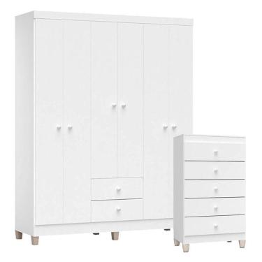 Imagem de Cômoda Gaveteiro E Guarda Roupa 6 Portas Ternura Baby Branco Brilho – Incorplac